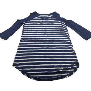 So Women Sz XS Shirt Relaxed Fit Peek-a-boo Shoulders Blue White Stripe Preowned